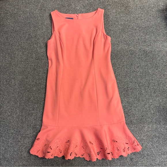 RSVP by TALBOTS Coral  Ponte Knit Embroidered Flounce Sheath Dress Sz 6 - Picture 2 of 8